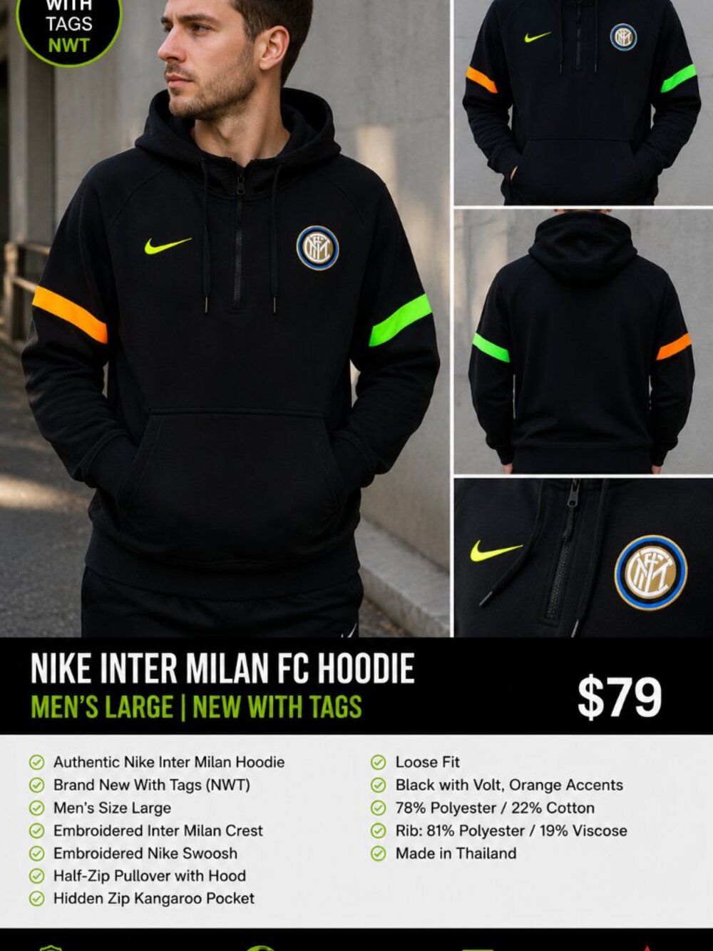 Nike Inter Milan FC Hoodie – Men's Large – New With Tags – Official Soccer Club